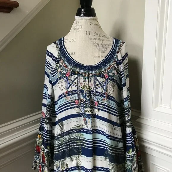 Camilla A-Line Frill Mini Dress Womens XS Blue Silk Floral Stripe Long Sleeve - Picture 5 of 14